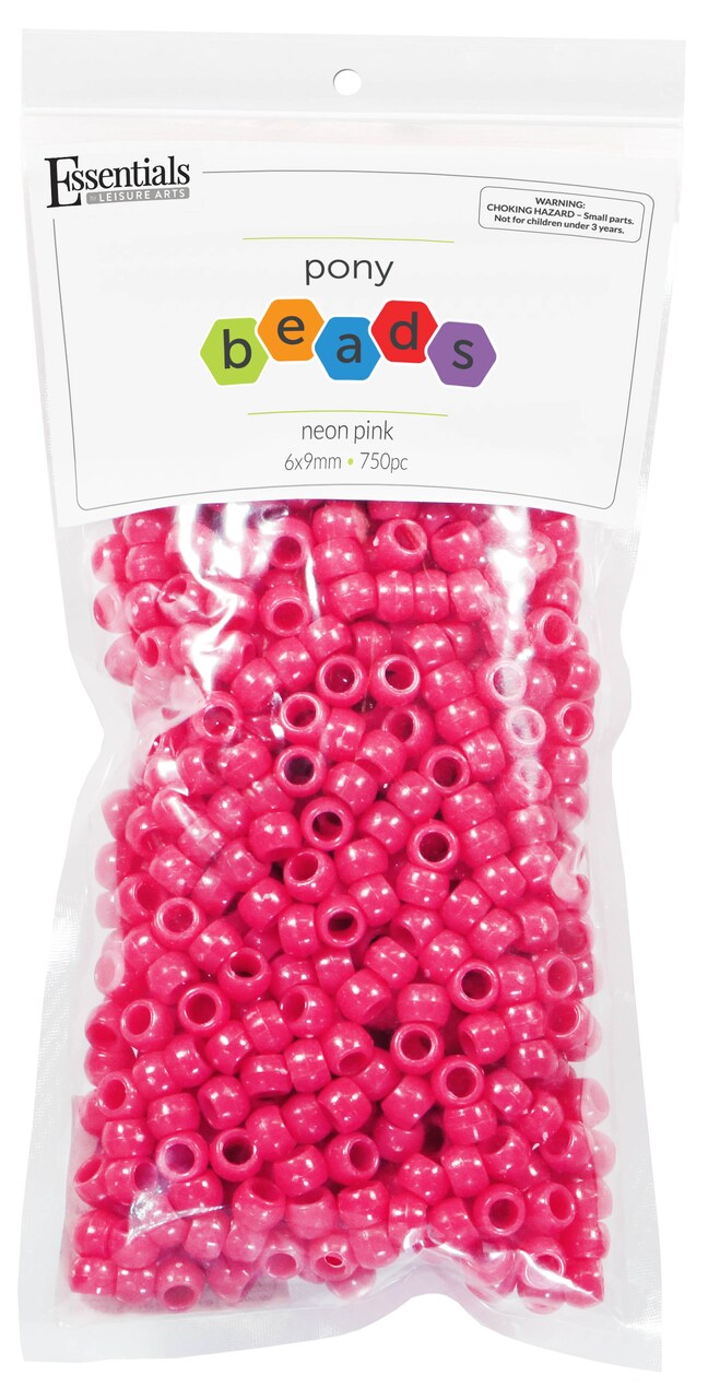 Essentials by Leisure Arts Pony Bead 6mm x 9mm Neon Pink Opaque Plastic Pony Beads Bulk 750 pieces for Arts, Crafts, Bracelet, Necklace, Jewelry Making, Earring, Hair Braiding